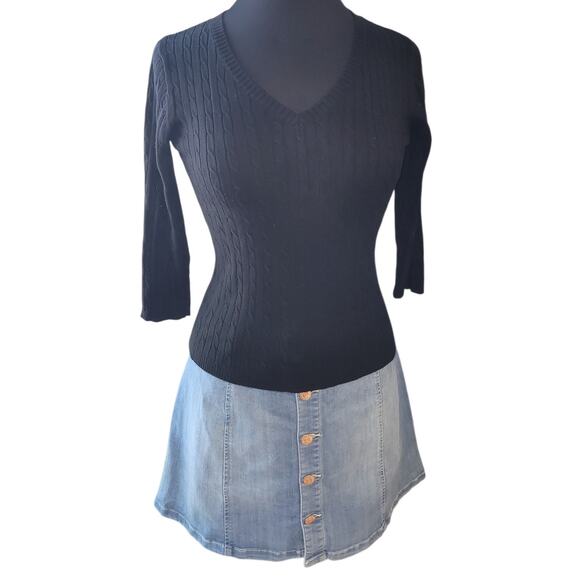 august silk Sweaters - VTG August Silk Black Cable Knit Sweater PS Clueless Academia Y2K Chic
